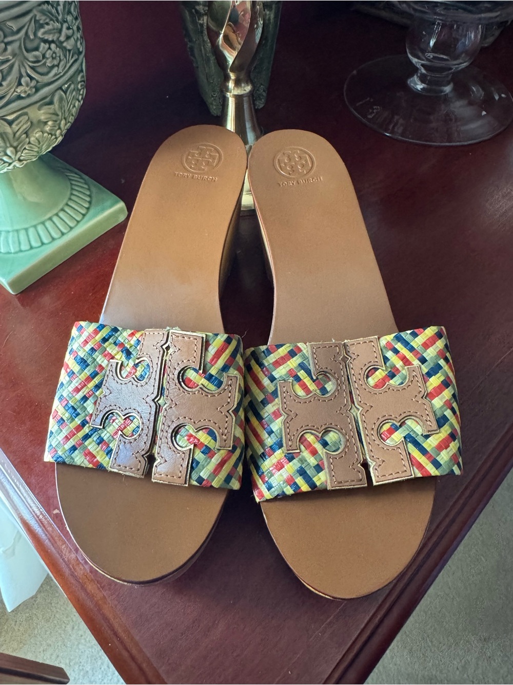 Tory Burch Multicolor Woven Slide Sandals with Tan Leather Trim